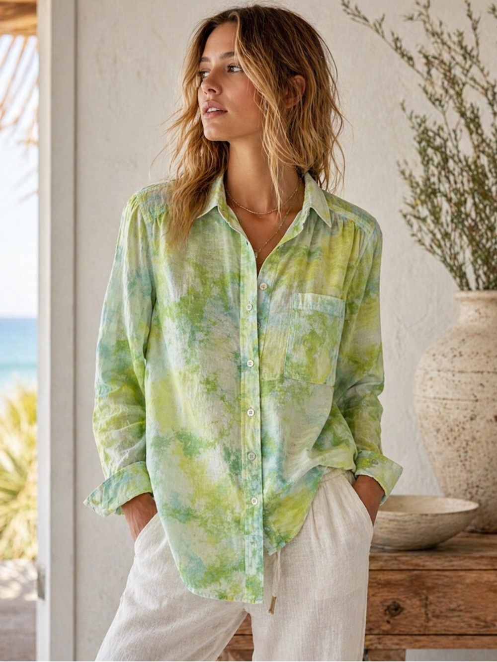 Pilcro Anthropologie Women’s Tie Dye Button Down Shirt Cotton Boho Coastal Sz M